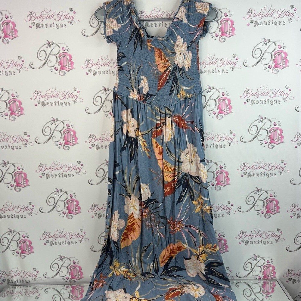 Patrons of Peace dress long smocked flowers tropical Blue Floral Maxi Dress